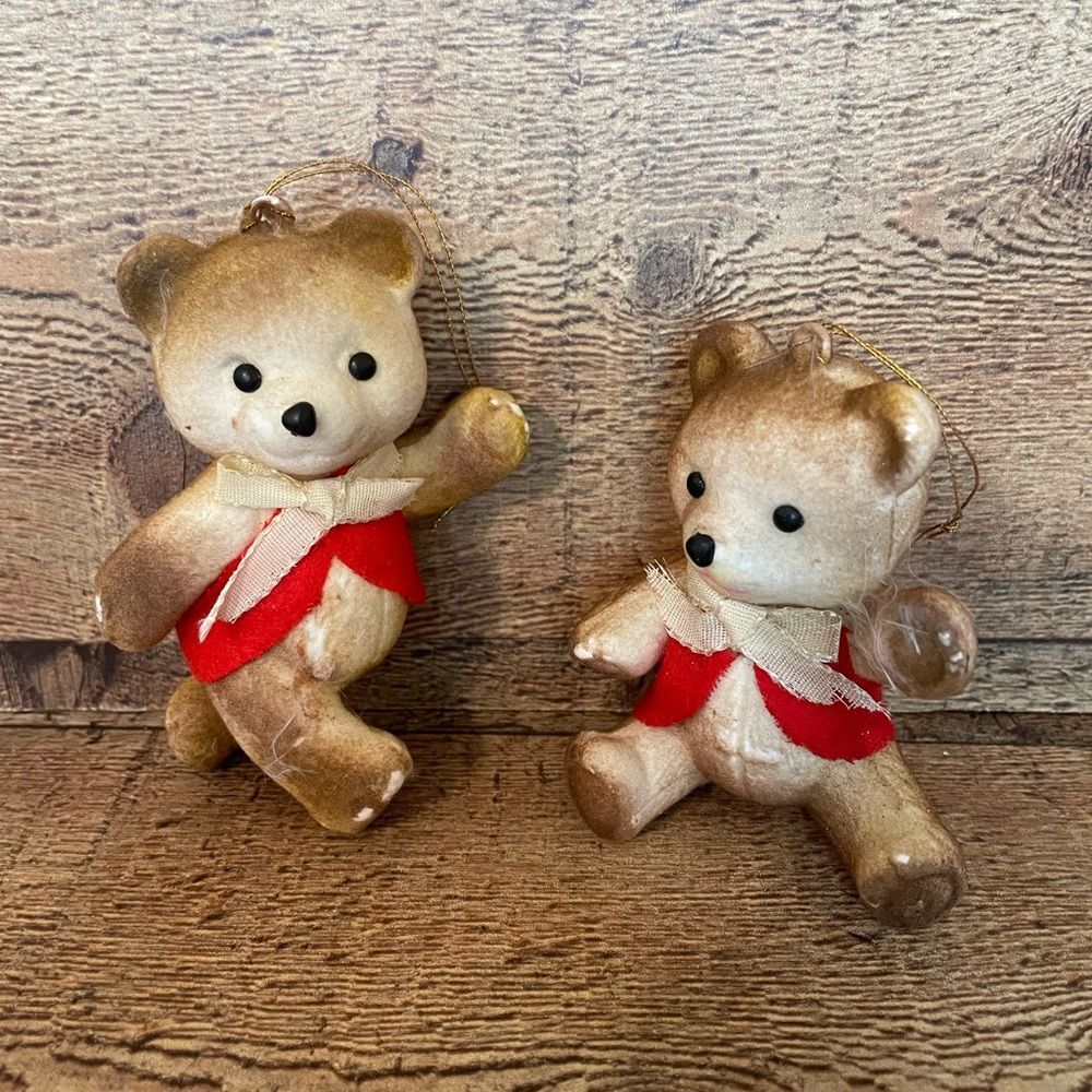 Vintage 1960’s Flocked Teddy Bear Christmas Ornaments-set Of 2 Red Felt/Bow Ties